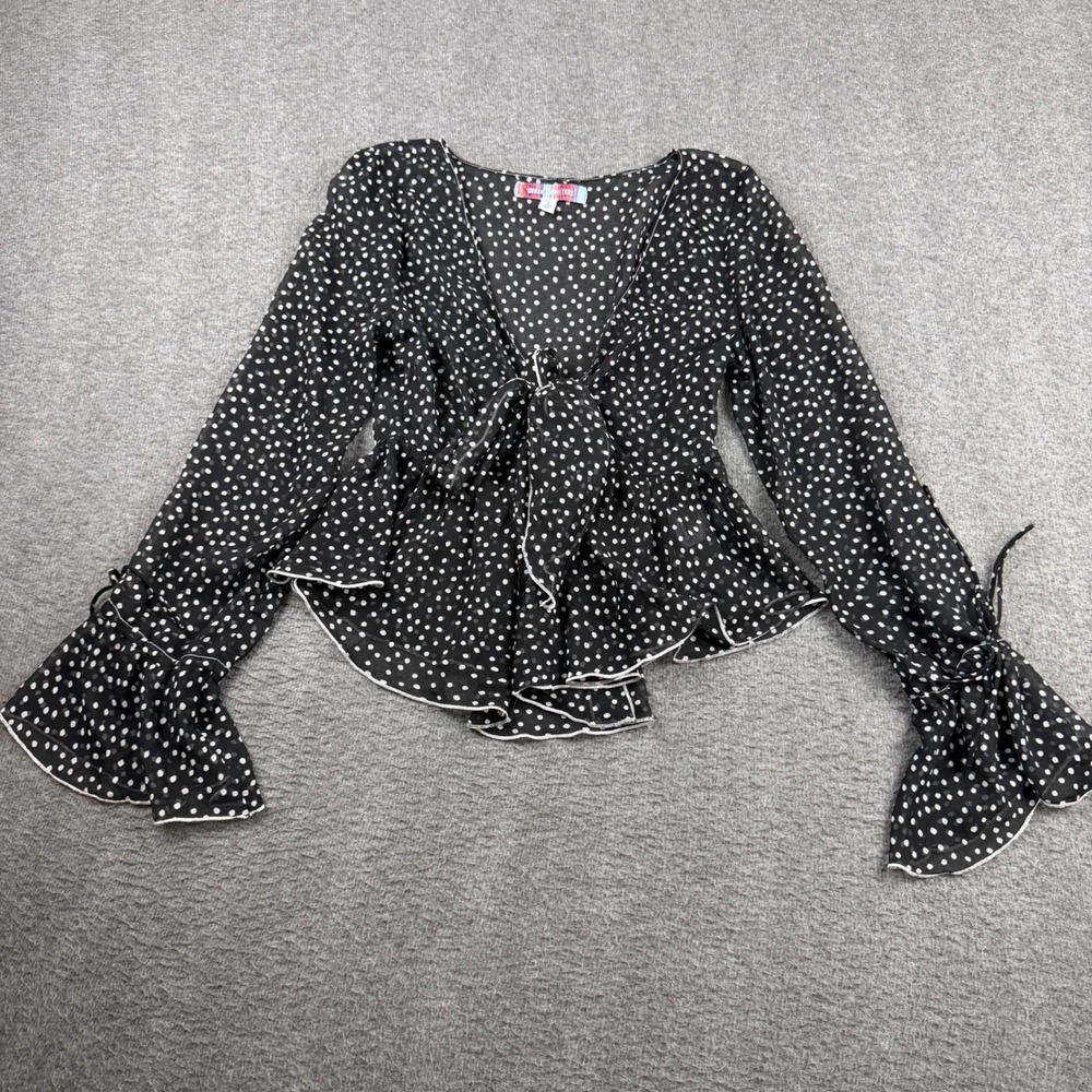 Urban Outfitters Women's Small Black Polka Dot Tie Front‎ Peplum Top Bell Sleeve